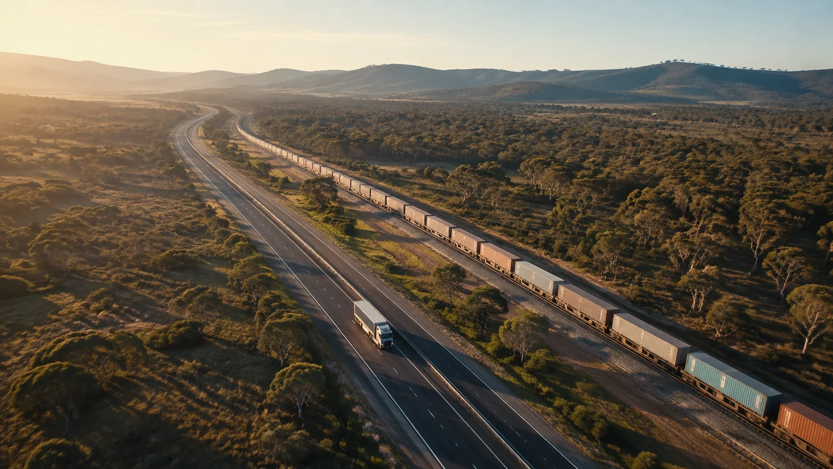 Freight road and rail corridor moving through regional Australian bushland