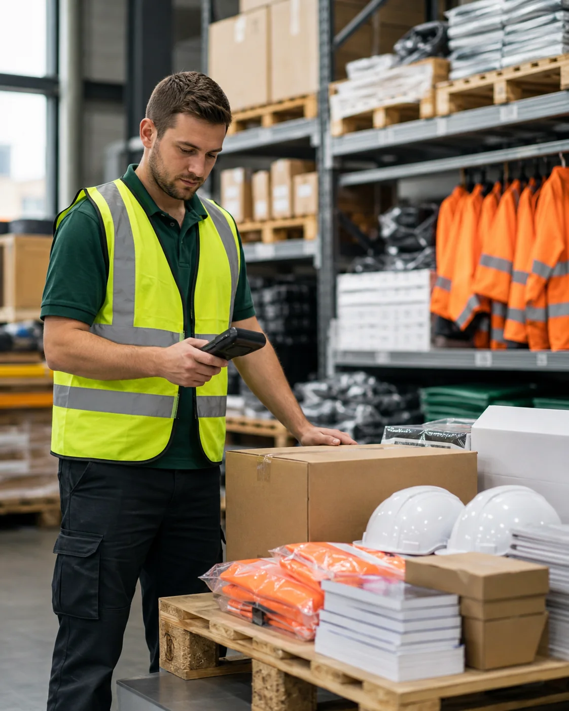 Warehouse specialist preparing workplace and safety supplies