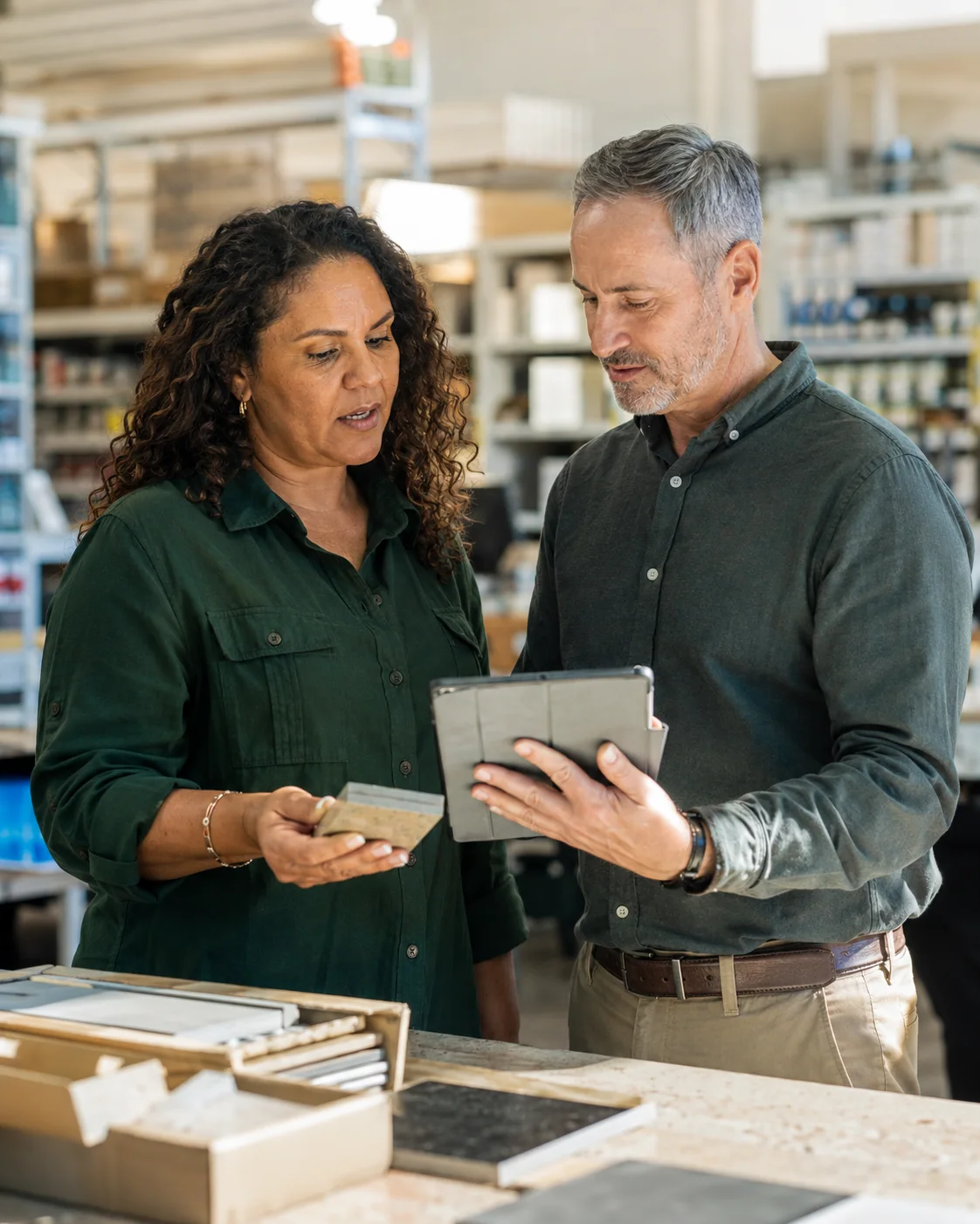 Supplier founder and procurement manager working through product options